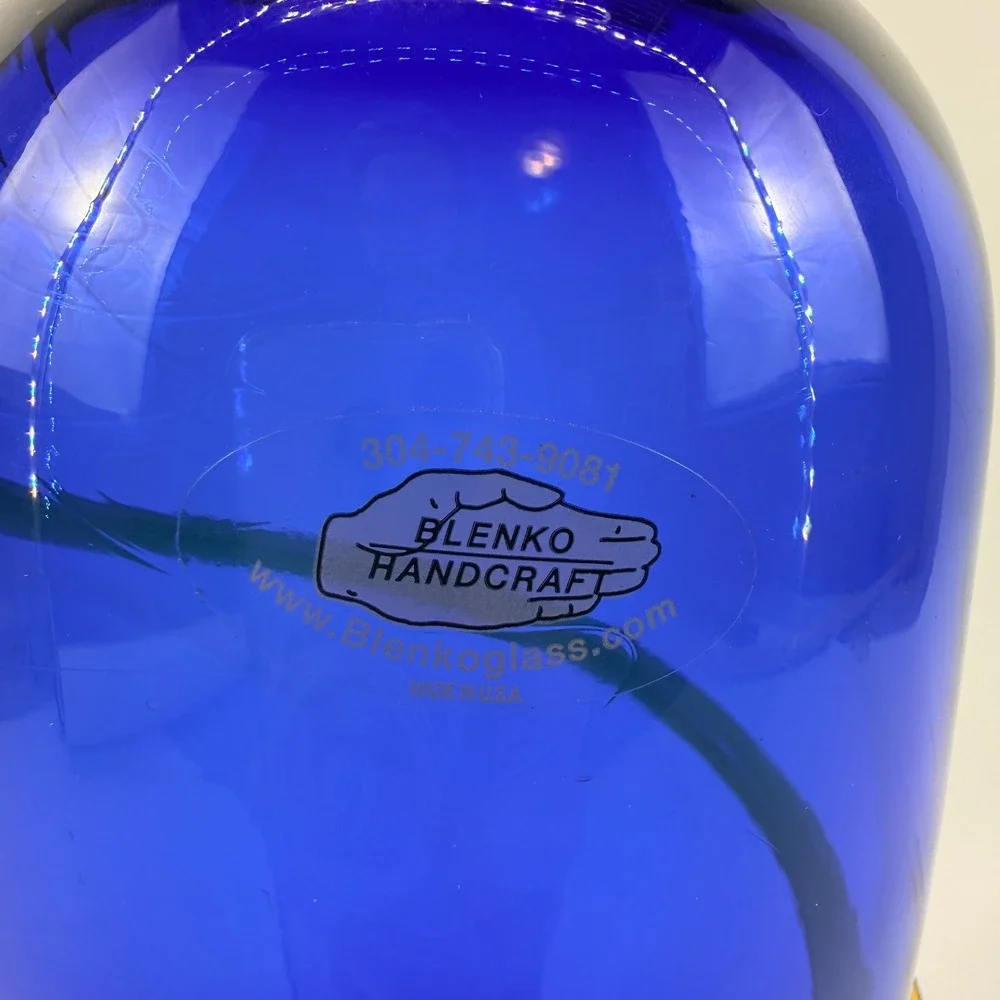 Blenko 9907L Cobalt Blue Art Glass Vase Topaz Applied Spiral Handcrafted USA